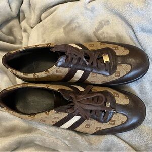Men's Brown Leather & Canvas Lace-Up Sneakers with Contrast Stripe